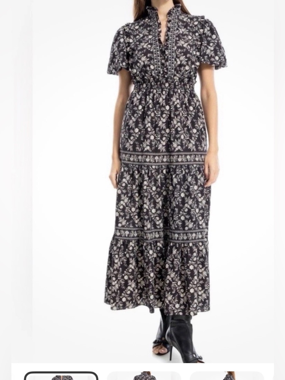 Max Studio Maxi Dress Women Black Floral Ruffle Tiered Smocked Waist- Size L